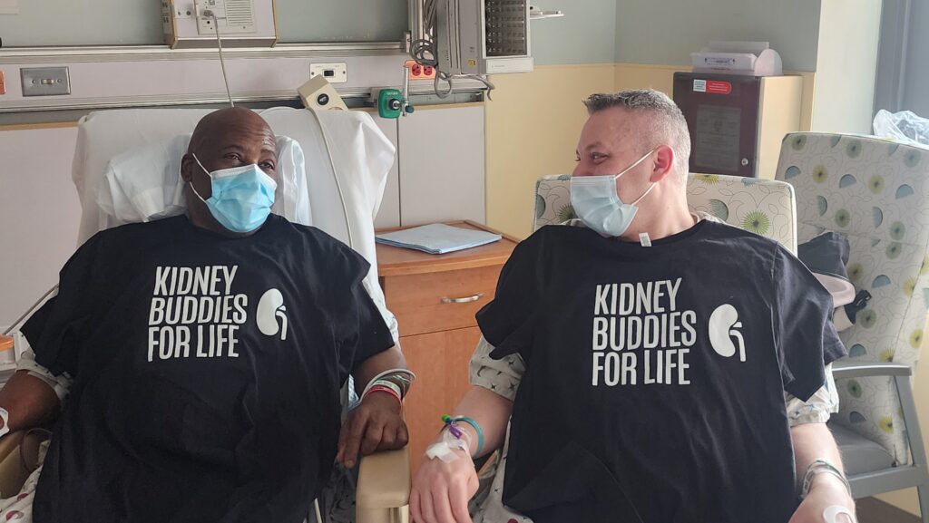 What We Do Former pool rivals Russ and James are sitting in a hospital wearing a "Kidney Buddies for Life" t-shirt after Russ donated one of his kidneys to save James' life.