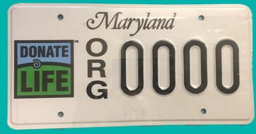 A Donate Life Maryland license plate.